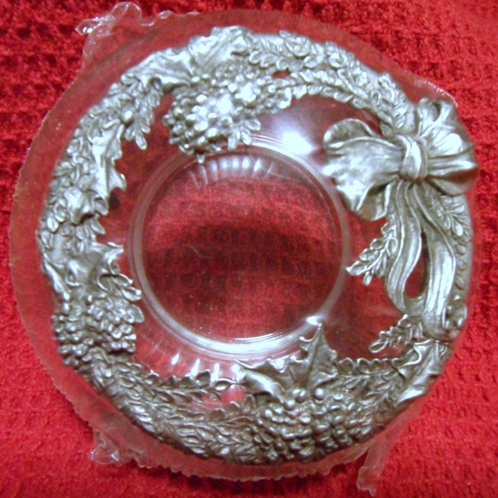 Vintage Rawcliffe Christmas Wreath Potpourri holder glass pewter NOS